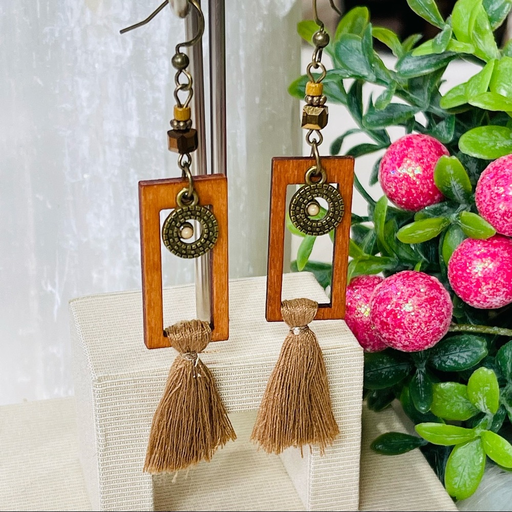 Wooden EARRINGS Open Rectangular hanging TASSEL earrings BOHO CHIC multi texture - Picture 2 of 6